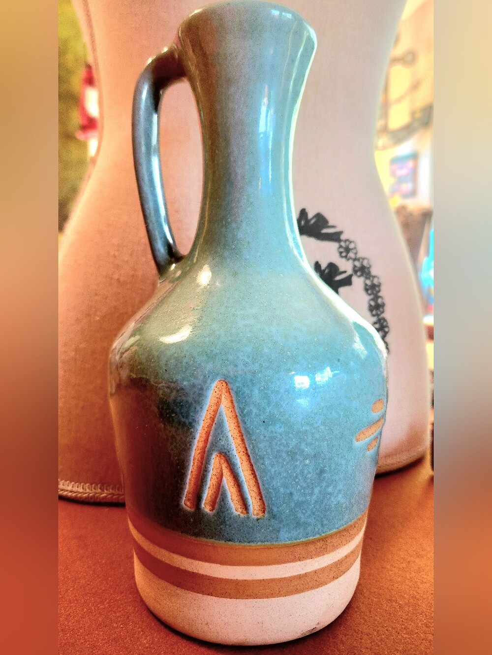 Vtg NAVAJO Southwestern POTTERY Etched Handcrafted Ceramic Turquoise Vase SIGNED